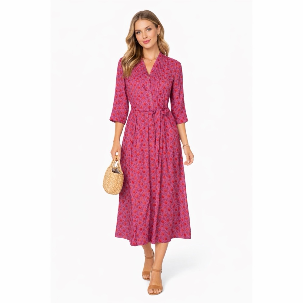 April Cornell x Vintage 90s Berry Floral Satin Prairie Button Midi Dress